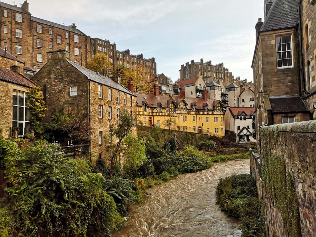 Dean village in Edinburgh in autumn - view at the river and houses. One of the free places to visit in Edinburgh.