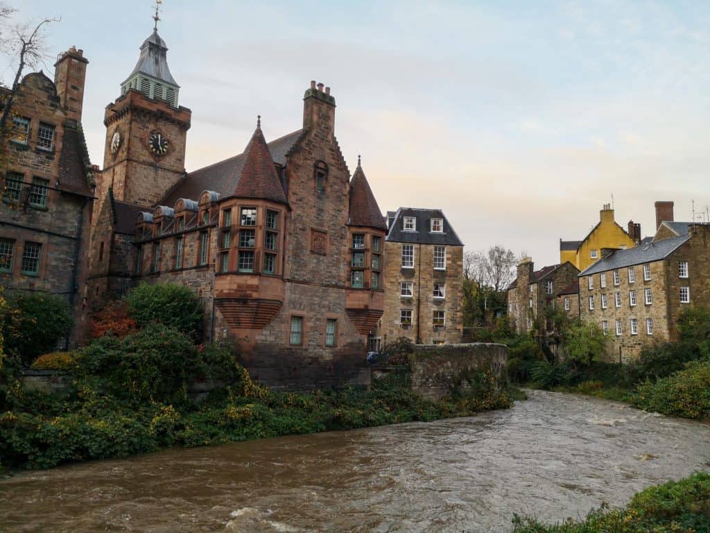 Dean village in Edinburgh in autumn - view at the river and houses. One of the free places to visit in Edinburgh.