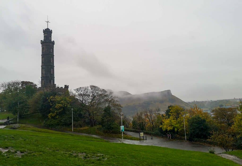 View from the Edinburgh Calton Hill to Arthur Seat on a rainy day in autumn.