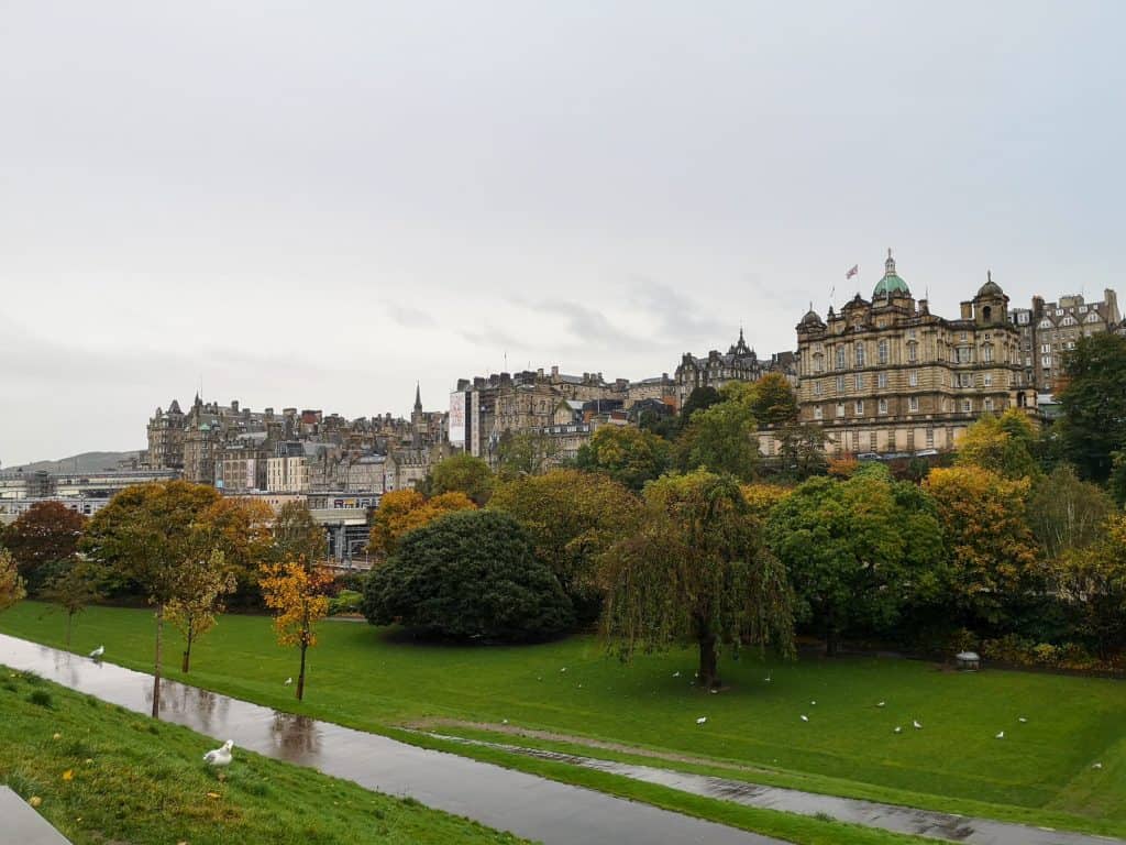 View at a park and city in Edinburgh on a rainy day in autumn.