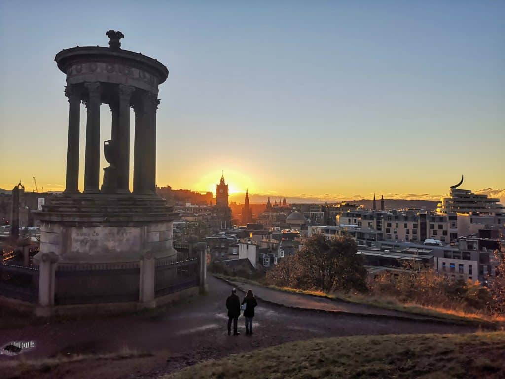Calton Hill in Edinburgh during sunset, one of the best things to do in Edinburgh for couples.