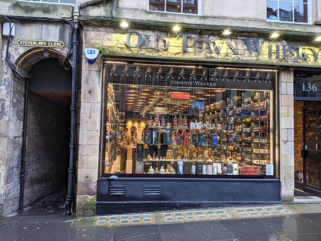 Old Town Whisky Shop and Stevenlaw's close view.