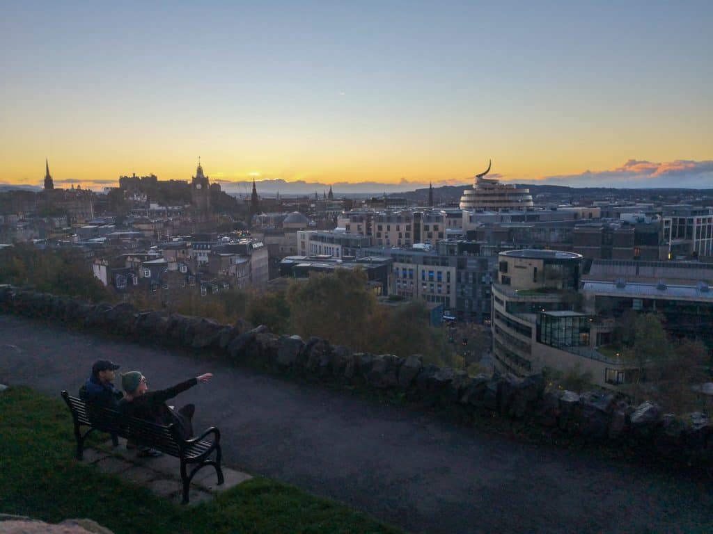 Views from Calton Hill in Edinburgh during sunset, one of the best things to do in Edinburgh for couples.