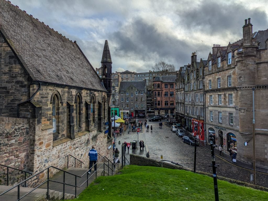 View to the Grassmarket from the stairs leading to the Edinburgh Castle.
