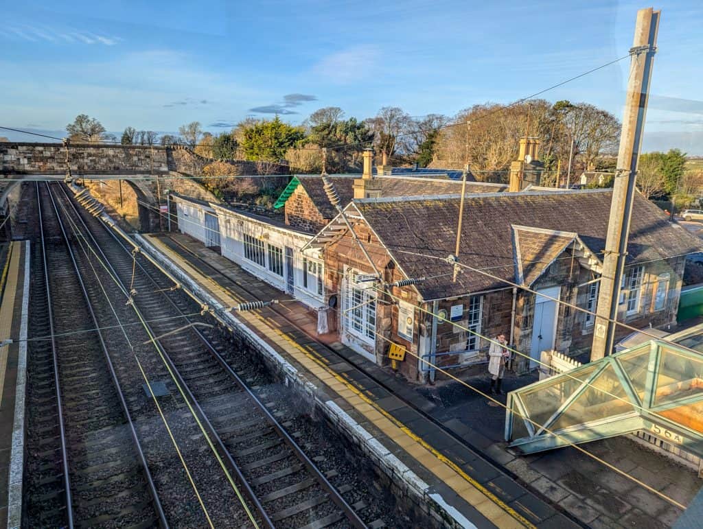 Drem train station in Scotland on a sunny day in autumn.