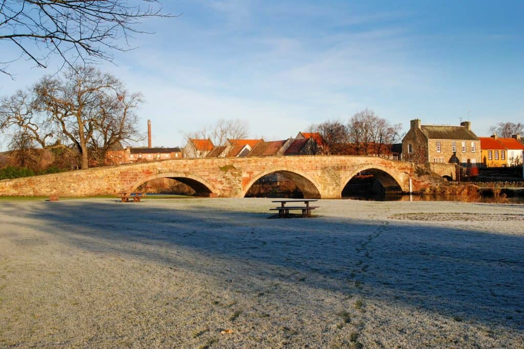 A view at a bridge and river at Haddington in Scotland in winter.