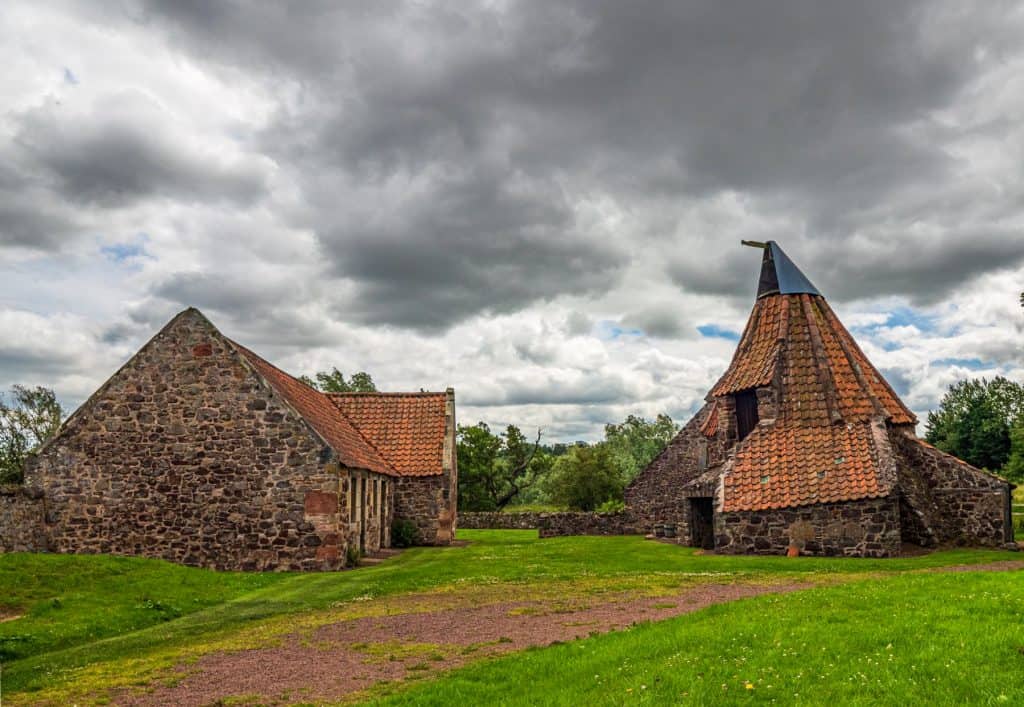 View at the building of the historical Preston Mill in Scotland.