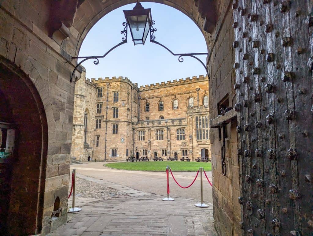 A view from the entrance of the Durham Castle. Visiting the castle is one of the most romantic things to do in Durham for couples.