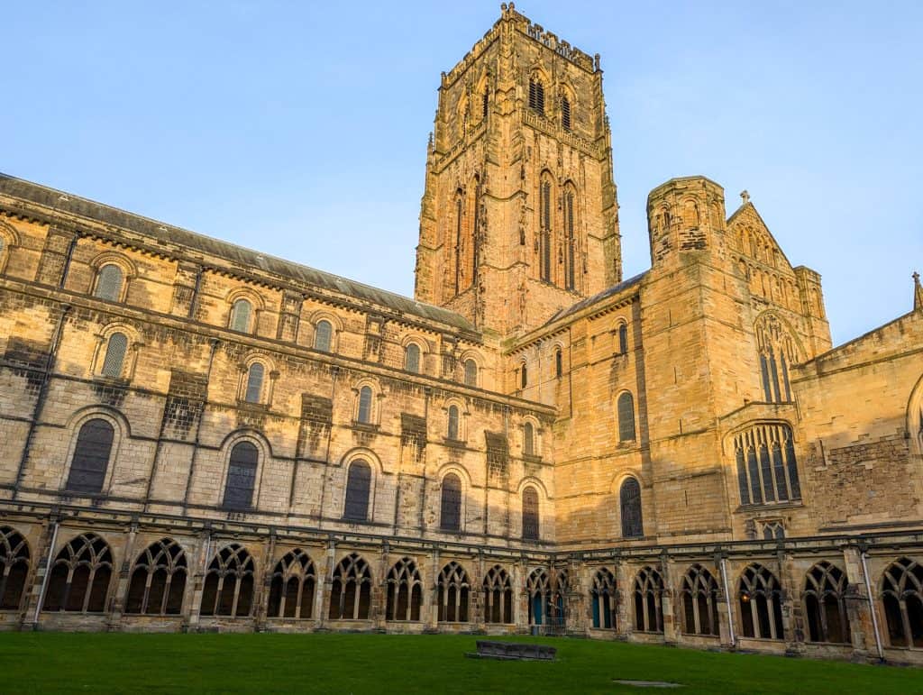 Durham Cathedral on a sunny winter day. Exploring the cathedral is one of the most romantic things to do in Durham for couples.
