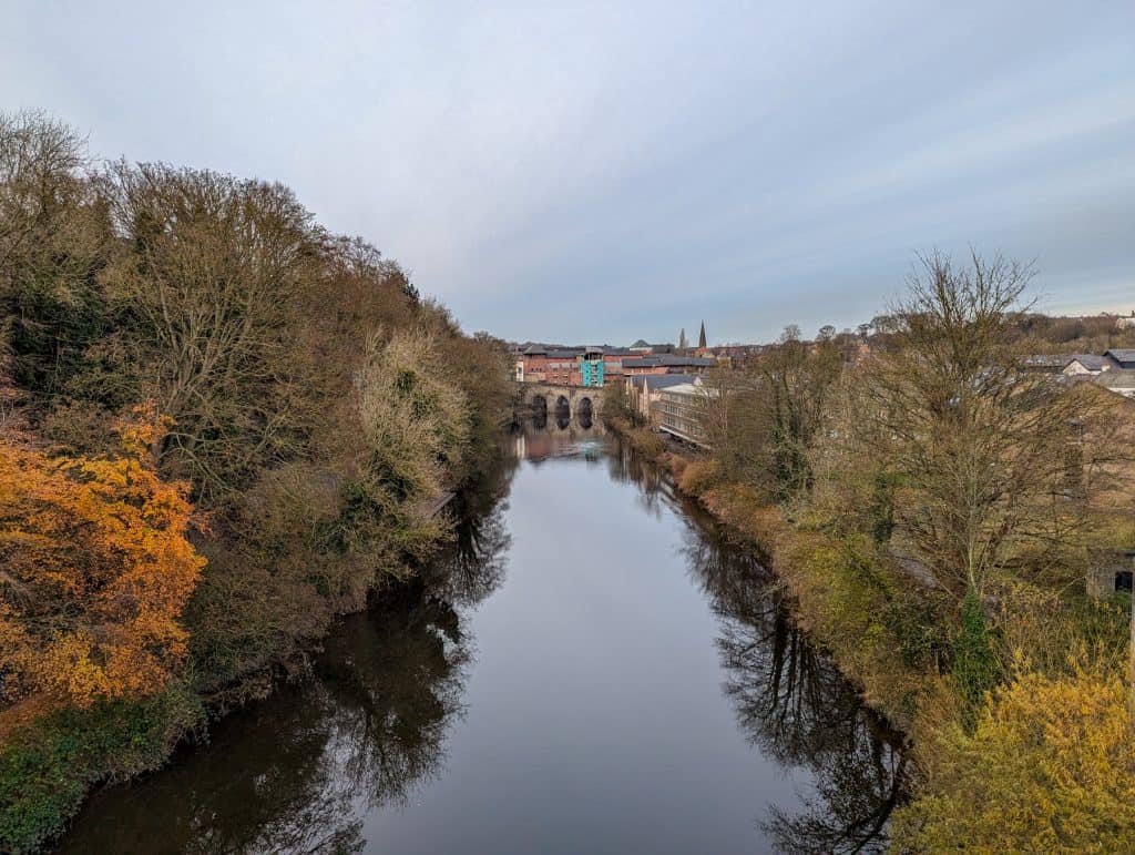 Views from the Kingsgate Footbridge in Durham in winter.