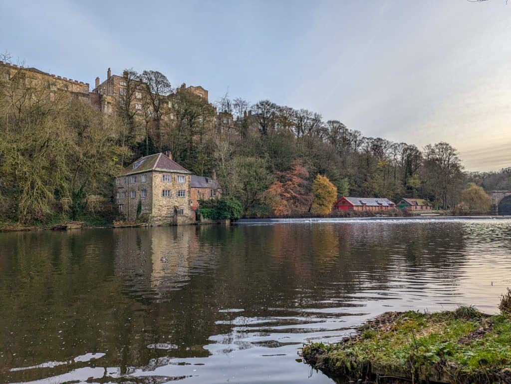 Durham River Walk with views of the river and old houses in winter. The walk is one of the best things to do for free in Durham.