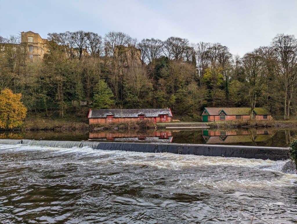 River Walk with views of the river and old houses in Durham in winter. One of the best things to do for free in Durham.