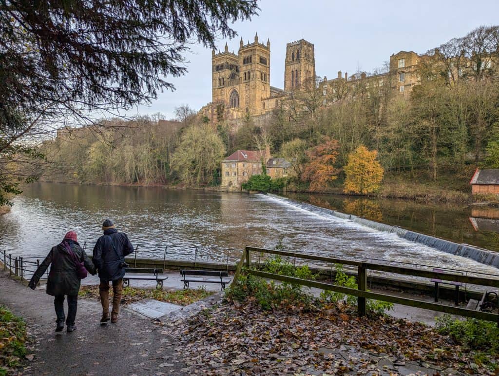 Durham river walk with views of the river and the Durham Cathedral in winter. This walk is one of the most romantic things to do in Durham for couples.