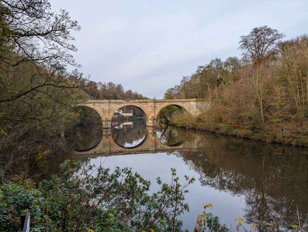 View at the Prebends Bridge in Durham in winter. The Durham river walk is one of the best things to do for free in Durham.