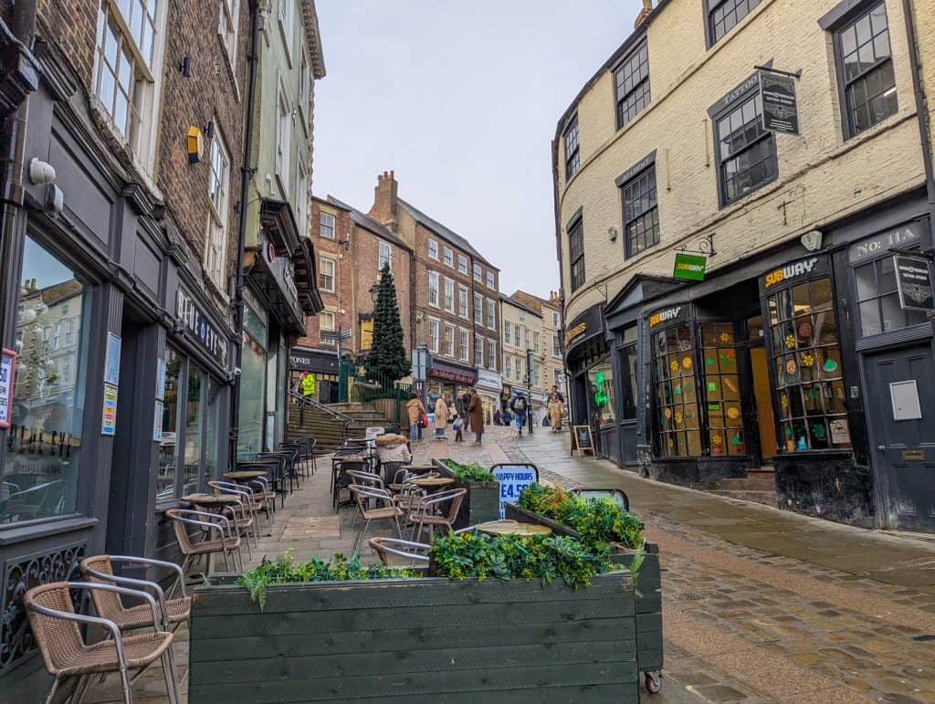 A street in Durham on a winter rainy day.