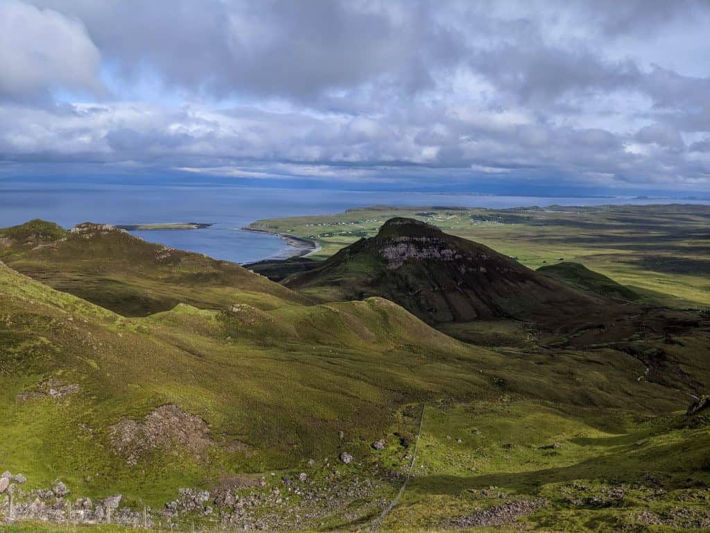 Views on hills and sea from Quiraing onthe Isle of Skye.