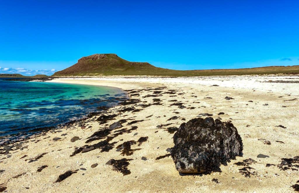 View at the Coral beach with sea and a cliff in distance.