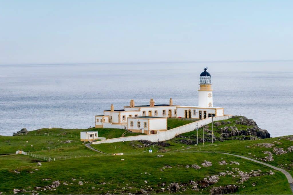 View at the Neist Point Lighthouse with sea at back.
