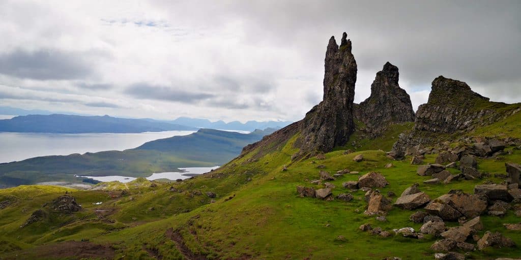 View at the rock formation Old Man of Storr on the Isle of Skye in summer during a cloudy day.