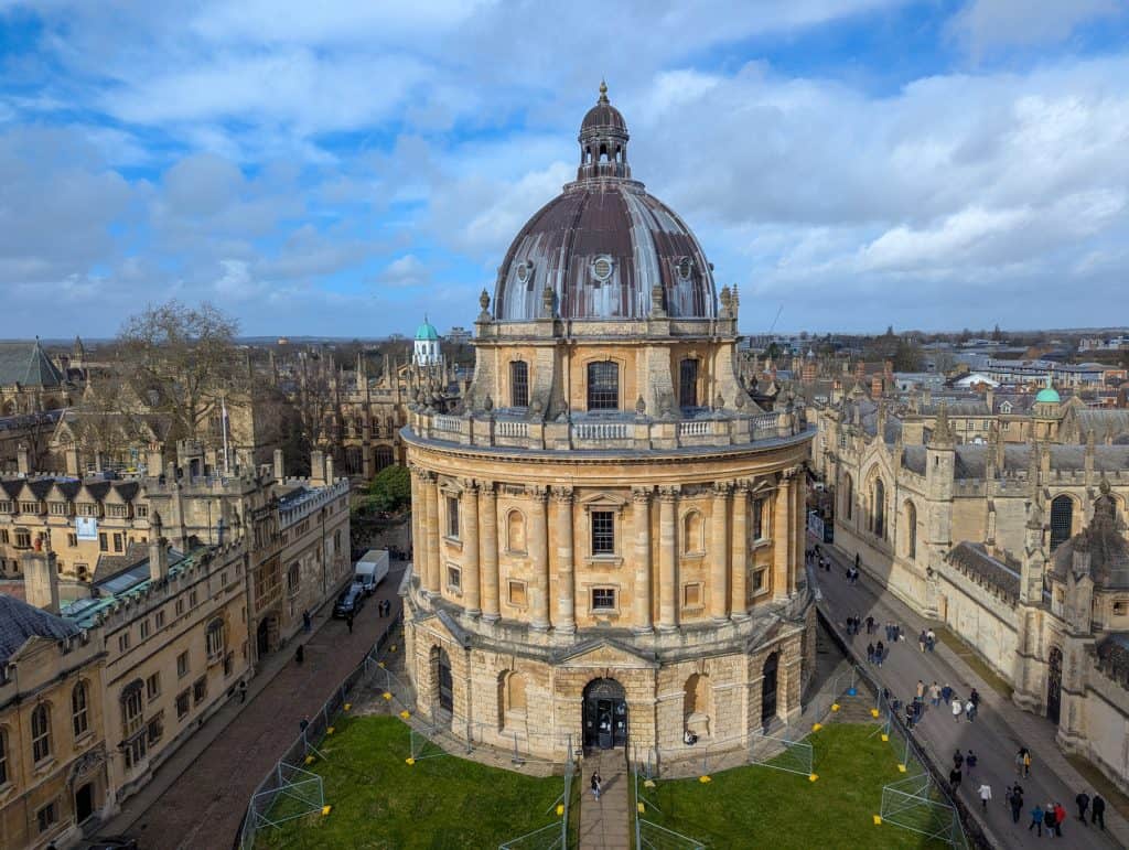Views at the building of the Radcliffe Camera from the tower of the Church of St Mary the Virgin.