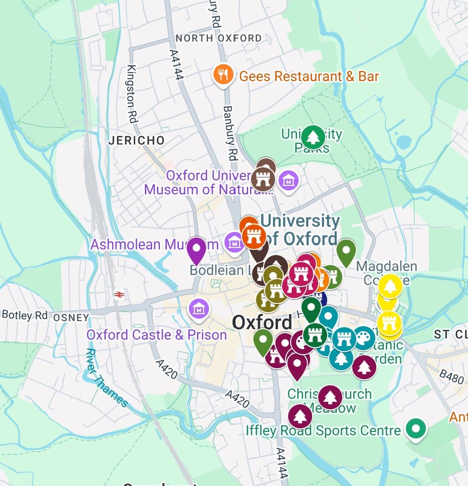 Oxford Colleges map showing all the best colleges in Oxford to visit including all the pinpoints.