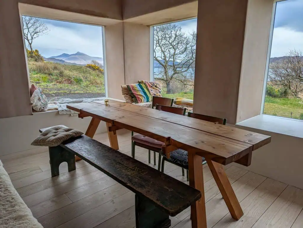 A table and stunning views from the window in the Croft Cafe on Isle of Mull.