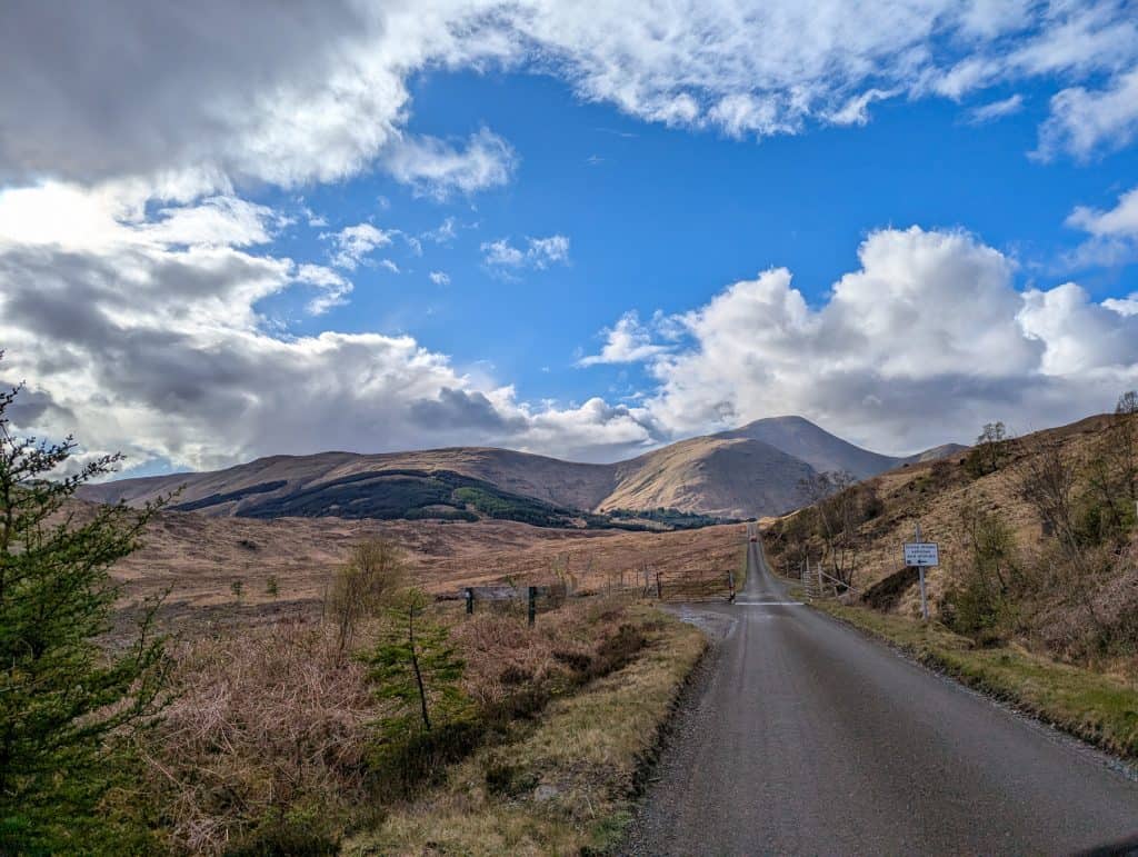Isle of Mull Gen and single track road on a sunny day.