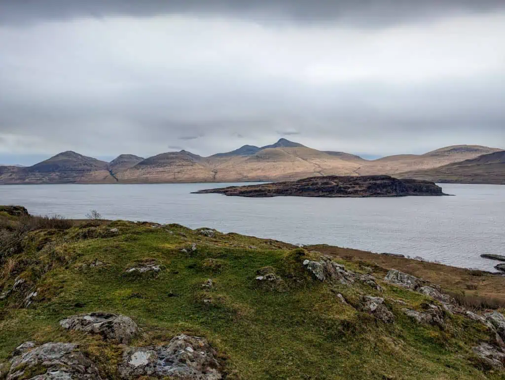 View at the Ben More and Loch na Keal on a cloudy day.