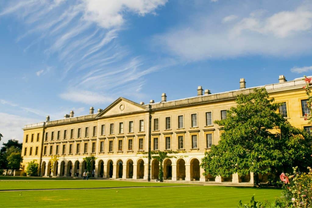 Buildings and gardens of the Magdalen College in Oxford.