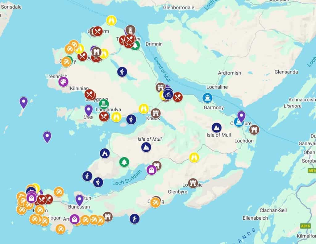 A detailed map of the Isle of Mull​ with various point of interest and best things to do on Isle of Mull.