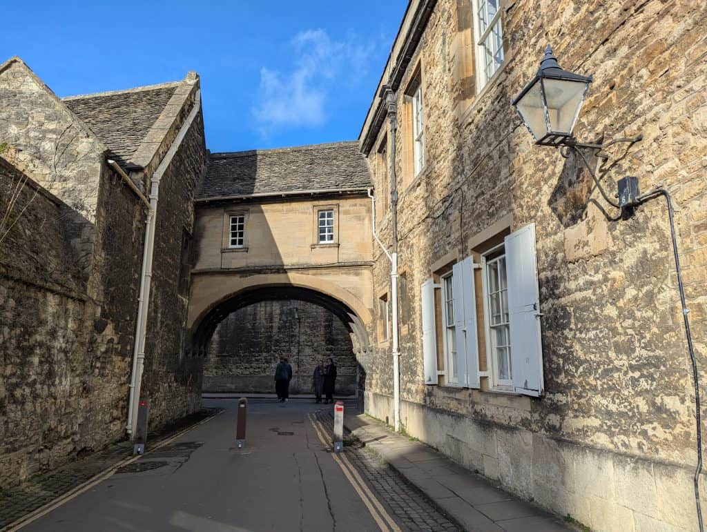 A mediaeval bridge connecting two buildings of the New College in Oxford.