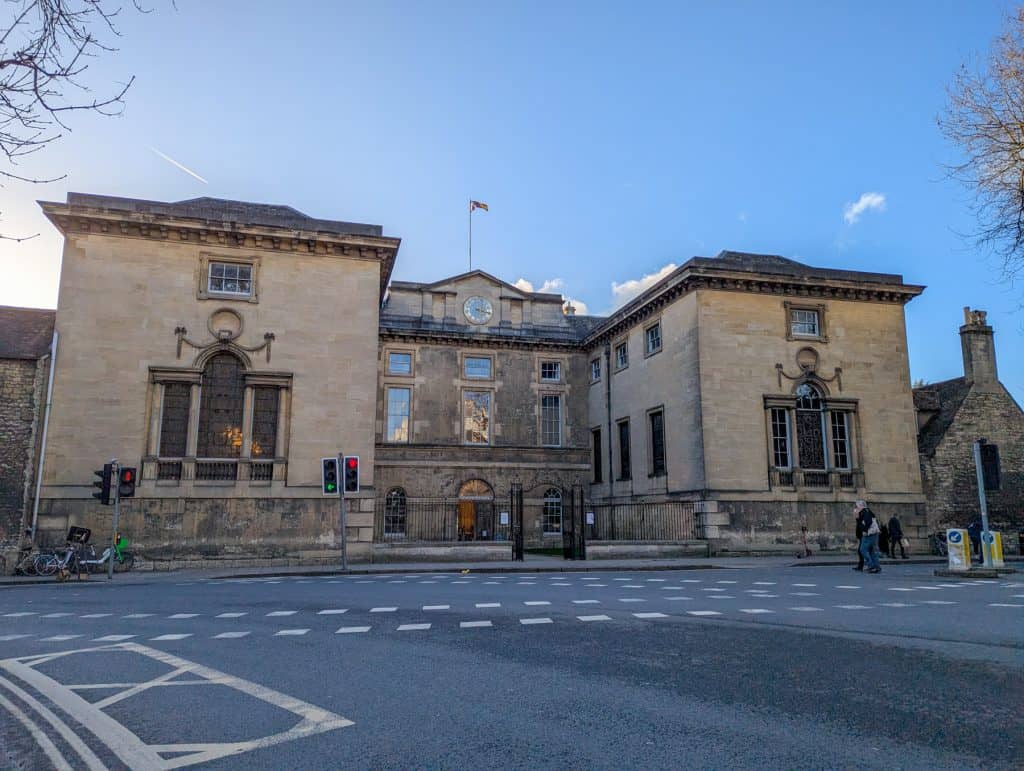 A view at the entrance building and gate of the Worcester College in Oxford.