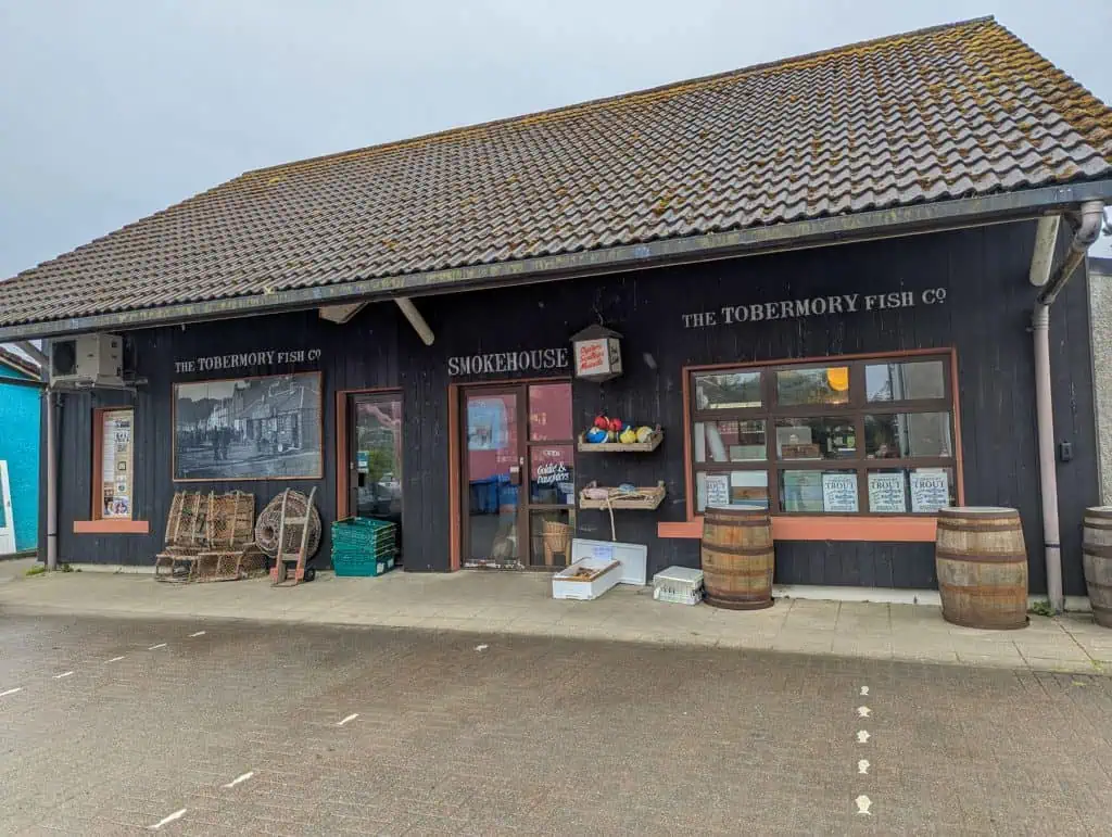 A wooden building of the Tobermory smokehouse.