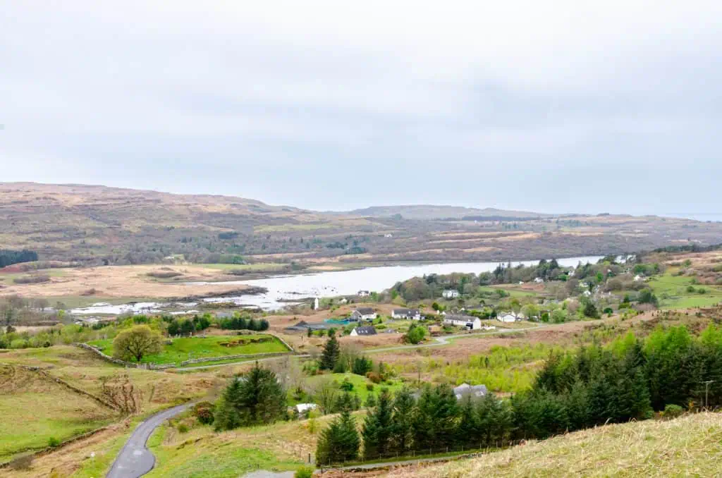 Views at the village of Dervaig with cottages from a viewpoint.