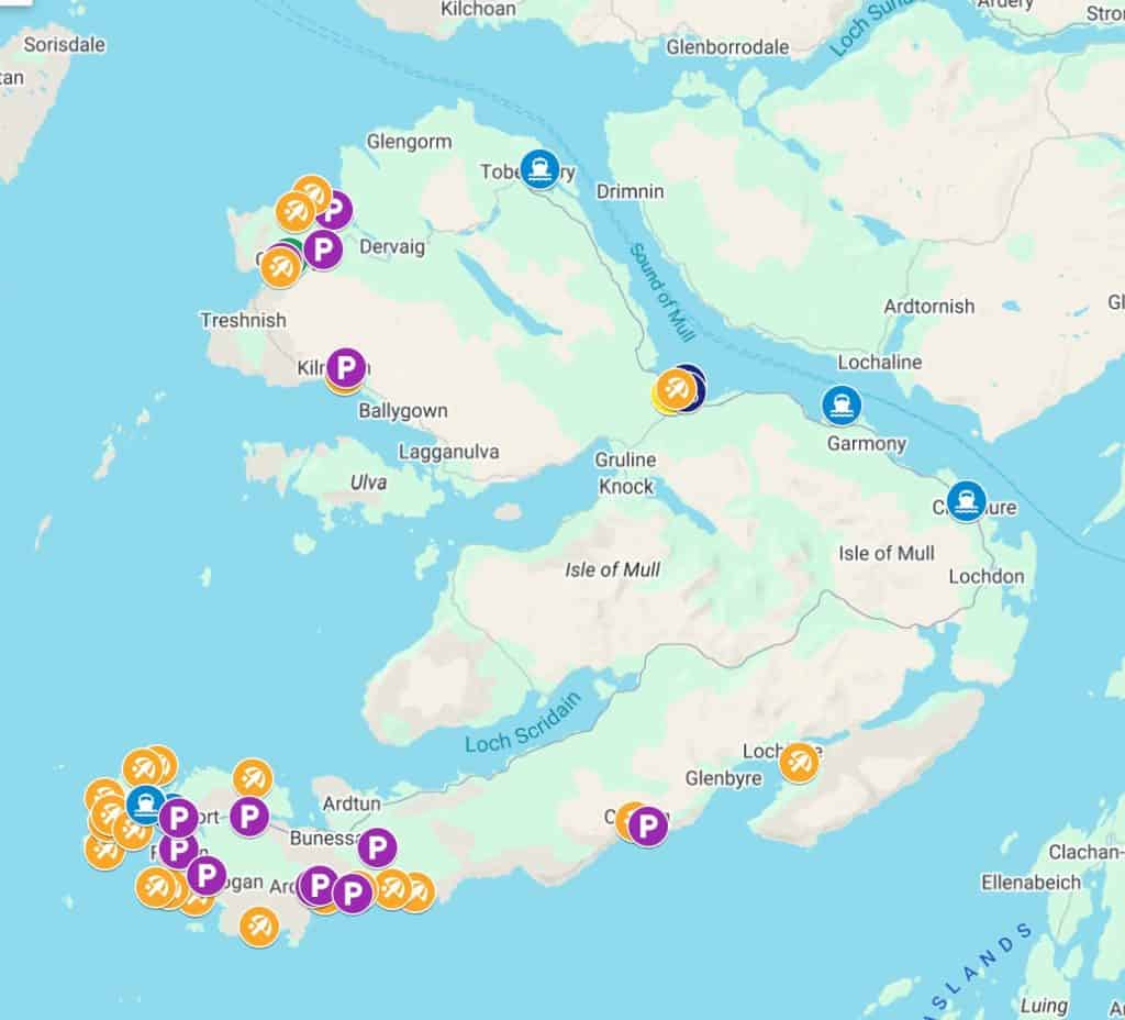 A map of the Isle of Mull beaches.