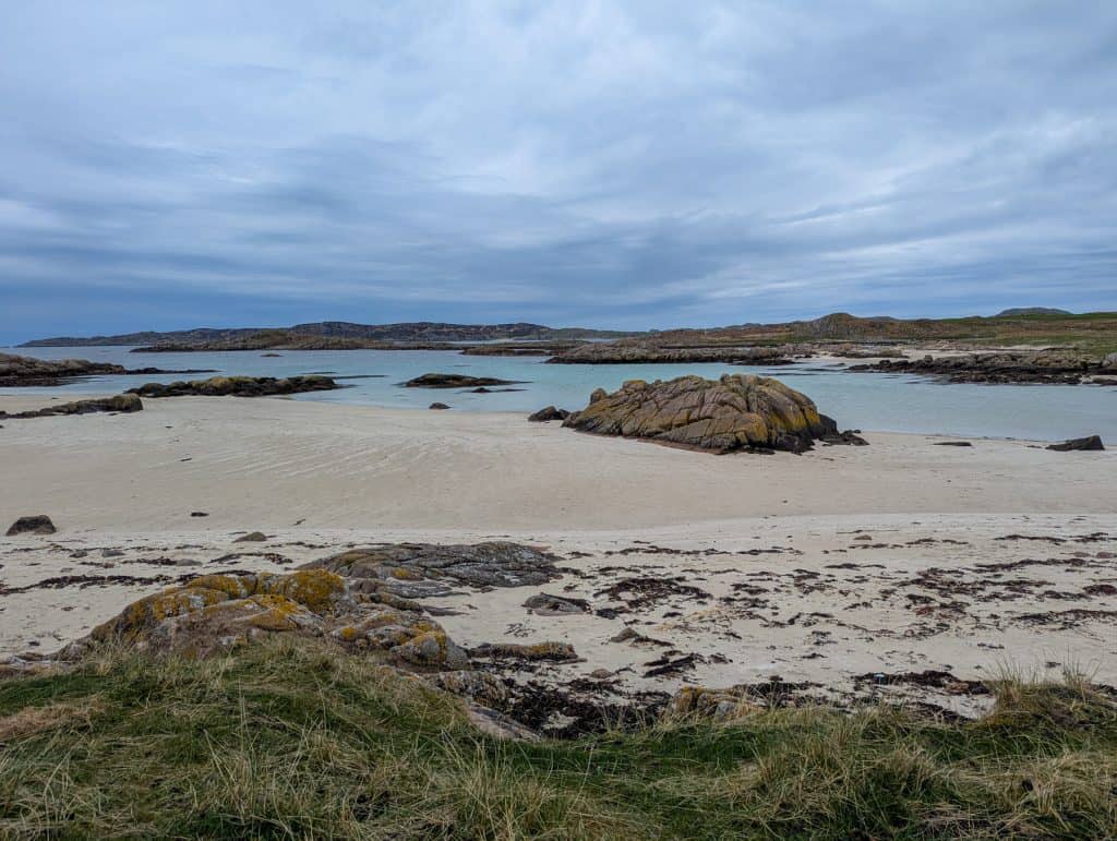 Fidden beach - views at the beach with sea and cliffs on a cloudy day.