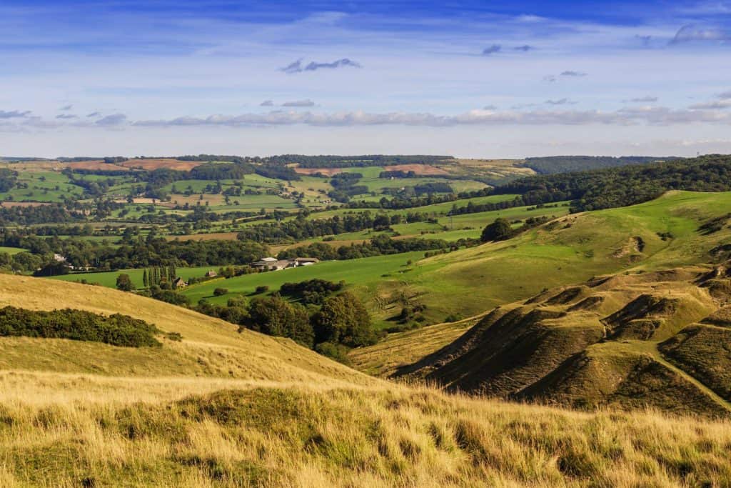 Views from a hill in Cotswolds on to meadows and woodlands. Cleeve Hill walk, one of the best walks in the Cotswolds.