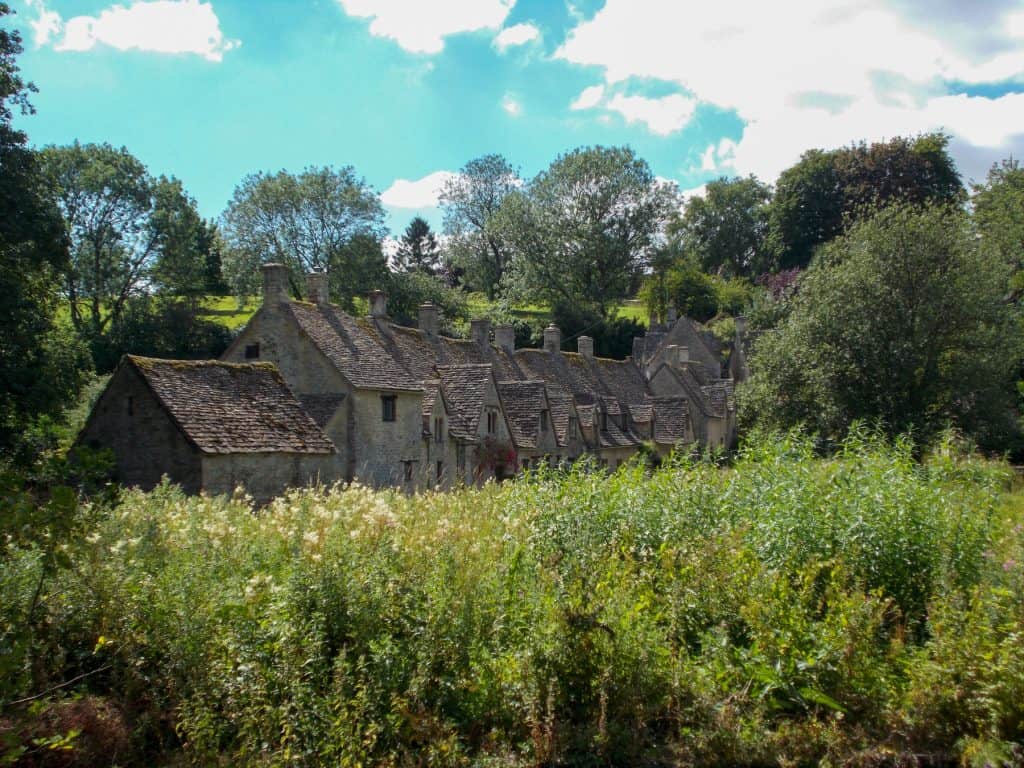 A view at a street with cottages in Bibury in spring.