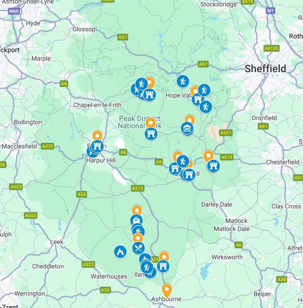 A screenshot of a map of Peak District Villages and places to visit near the villages.