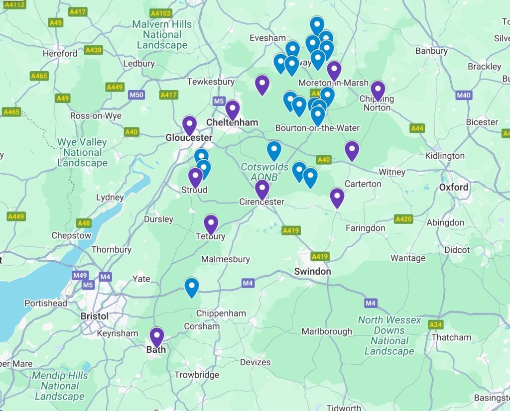 Best villages in Cotswolds map - containing points with all the best villages and towns to visit.