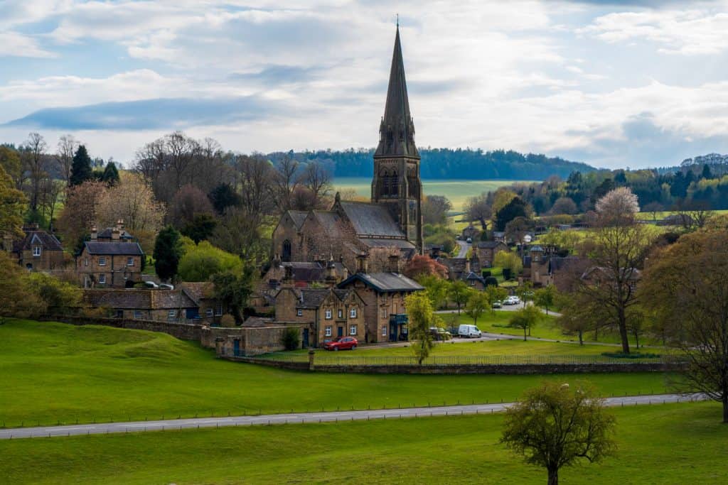 A church with houses.