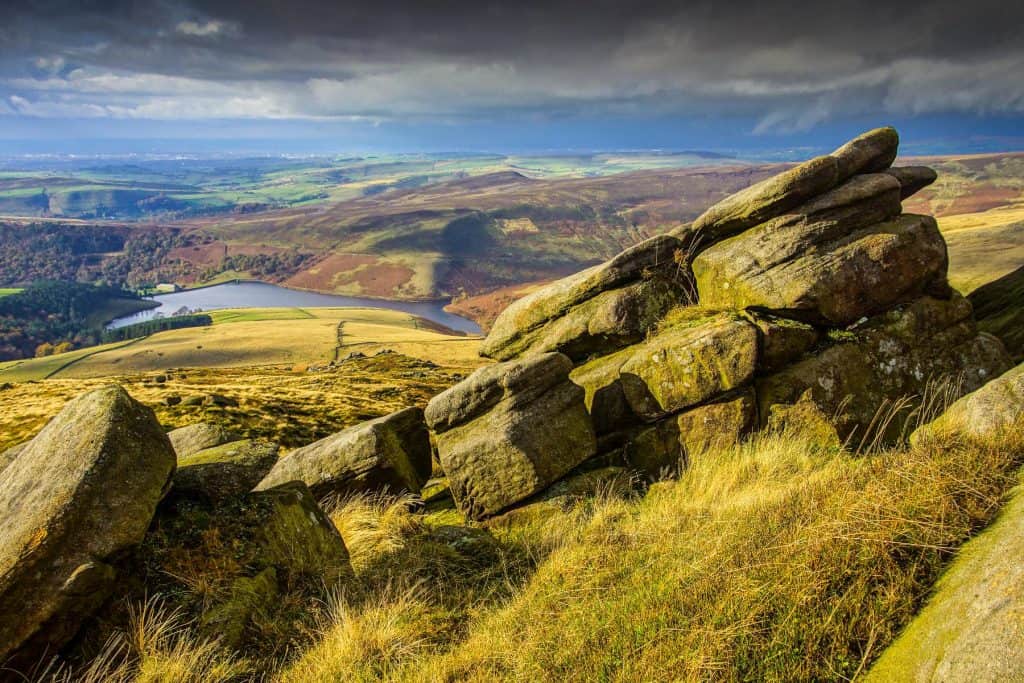 Views from Kinder Scout at hills and reservoir.