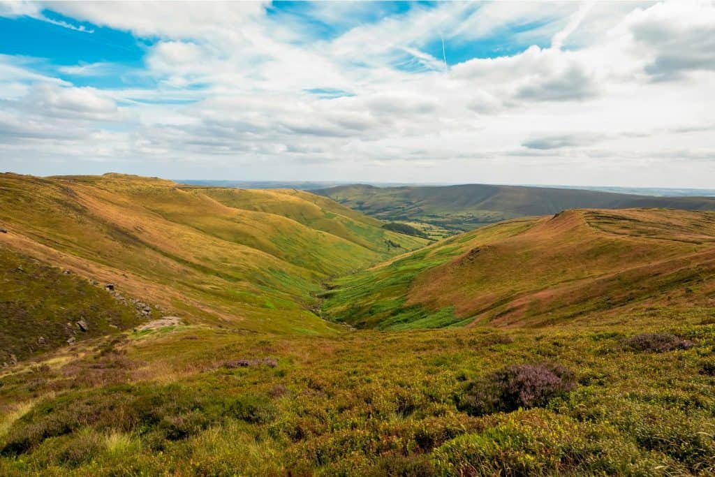 Views at hills from Kinder Scout in Peak District.