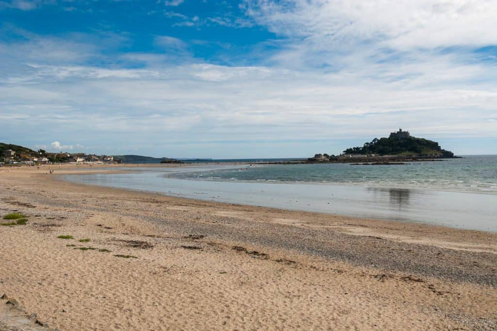 Sandy beach with an island views.