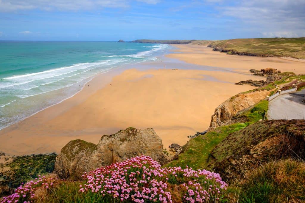 Long sandy beach with blue sea, cliffs and colourful flowers.