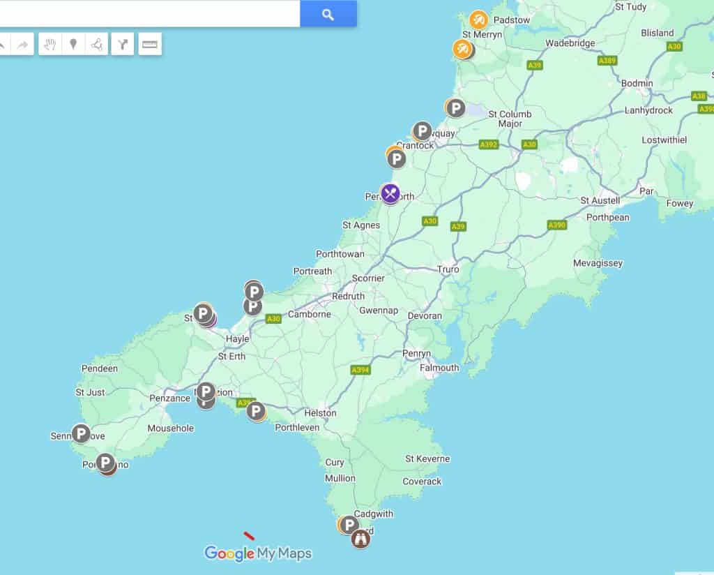 Google map of Cornwall beaches.