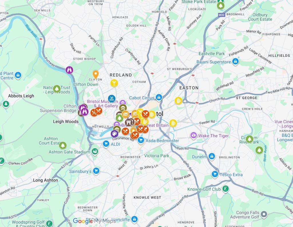 A Bristol city map with places to sea and visit.