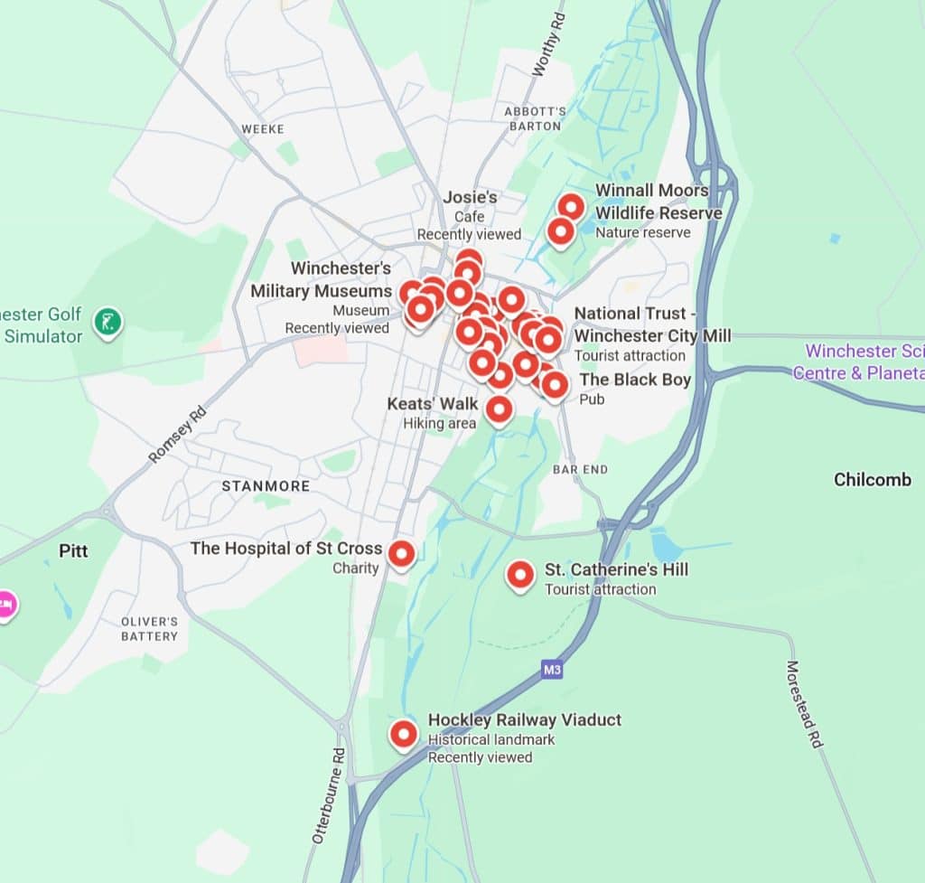 A map of Winchester town centre attractions and best things to do in Winchester for couples.