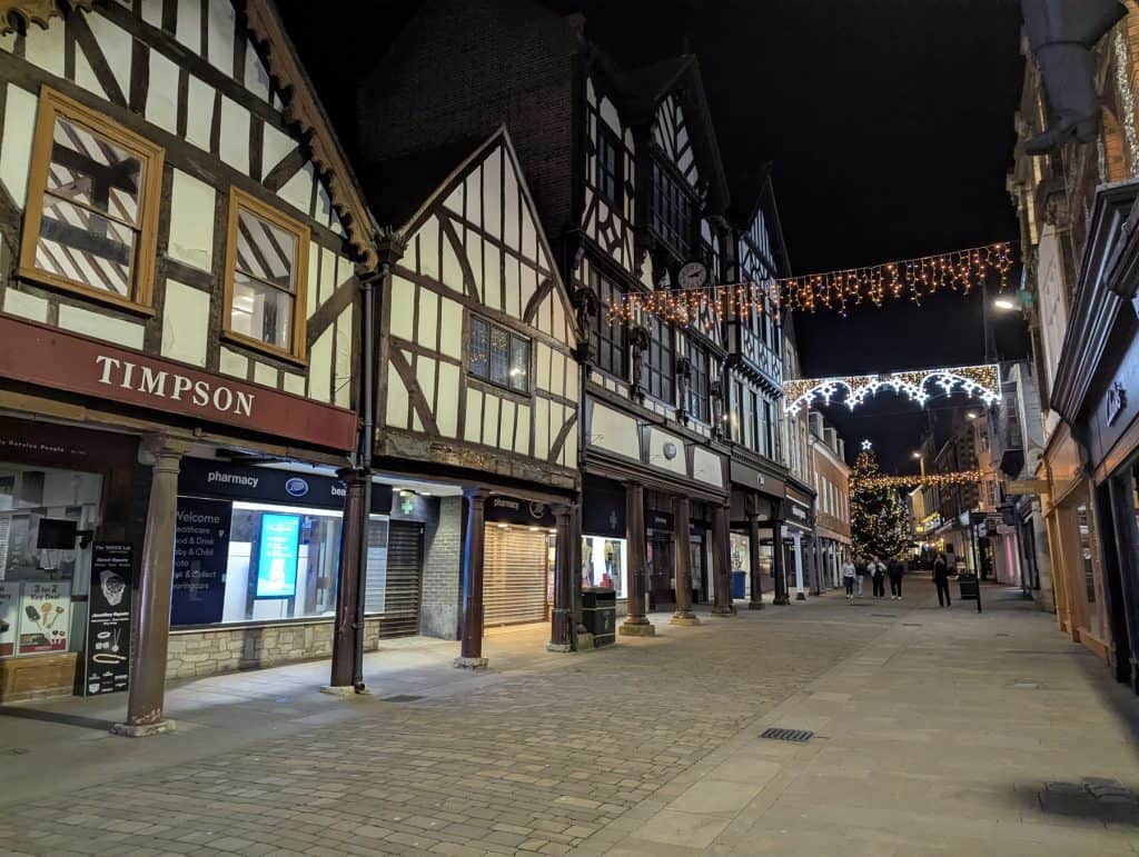 Winchester street at night, river walks - one of the best things to do in Winchester for couples.