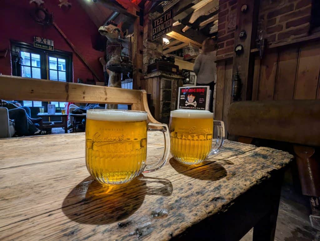 Two beers inside the historical Black Boy pub in Winchester.